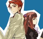  1girl back-to-back bad_id bad_pixiv_id brother_and_sister gm hair_bobbles hair_ornament jacket long_hair red_eyes red_hair serious siblings twintails umineko_no_naku_koro_ni ushiromiya_ange ushiromiya_battler 