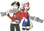  1girl alternate_costume arm_grab backwards_hat bad_id bad_pixiv_id bag baseball_cap black_hair bow brown_hair cabbie_hat character_name copyright_name cowboy_shot gold_(pokemon) hat hat_ribbon holding holding_poke_ball hood hoodie kotone_(pokemon) mihazi overalls poke_ball pokegear pokemon pokemon_(game) pokemon_hgss red_ribbon ribbon short_twintails thighhighs twintails 