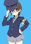  armband blazer brown_hair glasses hat jacket k-on! manabe_nodoka miniskirt peaked_cap red-framed_eyewear school_uniform semi-rimless_eyewear short_hair skirt solo touya_(the-moon) under-rim_eyewear 