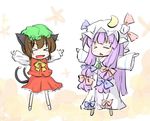  &gt;_&lt; :&lt; animal_ears brown_hair cat_ears cat_tail chen chibi closed_eyes dress earrings fang hair_ribbon hat jewelry multiple_girls multiple_tails natsuki_(silent_selena) patchouli_knowledge purple_hair ribbon tail touhou 