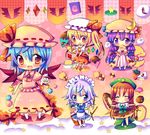  bad_id bad_pixiv_id candy checkerboard_cookie chibi chocolat_(momoiro_piano) closed_eyes cookie cream_puff doughnut flandre_scarlet food hat hong_meiling ice_cream izayoi_sakuya konpeitou mob_cap multiple_girls open_mouth patchouli_knowledge pocky remilia_scarlet smile star touhou 