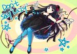  akiyama_mio bad_id bad_pixiv_id black_eyes black_hair blue_legwear cable don't_say_&quot;lazy&quot; dress entangled hat high_heels jin_young-in k-on! long_hair lying microphone microphone_stand mini_hat mini_top_hat pantyhose pentagram shoes solo speaker top_hat 