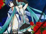  1girl akatsuki_yakyou aqua_eyes aqua_hair armpits arms_up bdsm blue_eyes blue_hair blue_scarf bondage bound bound_wrists breasts cleavage detached_sleeves flower hatsune_miku kaito long_hair medium_breasts necktie open_clothes open_shirt panties pantyshot petals red_flower red_rose rose scarf shirt skirt thighhighs twintails underwear vocaloid 