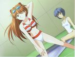 armpits artist_request ayanami_raising_project ayanami_rei bare_shoulders bikini blue_eyes blue_hair goggles hair_ornament hairclip indoors legs long_hair midriff multiple_girls neon_genesis_evangelion official_art one-piece_swimsuit one_eye_closed pool poolside red_eyes red_hair scan school_swimsuit sitting smile souryuu_asuka_langley staring swimsuit thighs zipper 