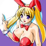  animal_ears bad_id bad_pixiv_id blonde_hair breasts bunny_ears bunnysuit cleavage copyright_request large_breasts long_hair pointing purple_eyes solo twintails yuuyami_sabou 