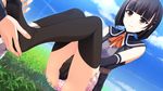  black_hair elbow_gloves endless_dungeon game_cg kinta_(distortion) panties rosebleu shirasagi_miko short_hair striped_panties thighhighs underwear 