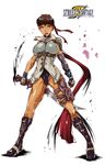  boots breasts brown_hair cosplay final_fantasy final_fantasy_xiii francesco_simioni gloves headband highres kasugano_sakura knee_boots large_breasts lightning_farron lightning_farron_(cosplay) short_hair single_sleeve solo street_fighter sword thigh_pouch weapon 