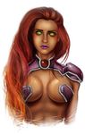  1girl absurdres alien armor breasts cleavage dc_comics doretetsu gradient_hair green_eyes highres long_hair multicolored_hair no_pupils portrait red_hair solid_eyes solo starfire 