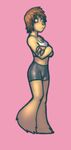  blush chromatic_background claws clothed clothing crossed_arms female flat_chested fur green_eyes hair looking_away namelessenemy navel nilla pink_background plain_background shaded shirt short_hair shorts shy sloth solo tank_top vanillapaw 