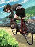  bicycle boots brown_legwear cloud day girls_und_panzer goggles grin ground_vehicle helmet helmet-chan_(girls_und_panzer) jacket looking_at_viewer looking_back military military_uniform outdoors r-ex riding road saunders_military_uniform shirt short_shorts shorts sky smile solo thighhighs uniform white_shirt 