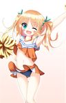  arm_up armpits blonde_hair blue_eyes buruma cheerleader fang long_hair midriff misawa_maho navel one_eye_closed pom_poms ribbon rou-kyuu-bu! skirt smile solo toine_hoko twintails wind wind_lift 