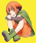  boots cape capelet green_capelet green_footwear gym_leader indian_style kurochiroko looking_at_viewer natane_(pokemon) open_mouth orange_eyes orange_hair pokemon pokemon_(game) pokemon_dppt short_hair shorts sitting solo yellow_background 