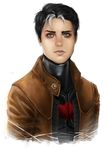  absurdres bat_(symbol) batman_(series) black_hair blue_eyes body_armor dc_comics doretetsu highres jacket jason_todd leather leather_jacket looking_at_viewer male male_focus multicolored_hair portrait red_hood_(dc) solo two-tone_hair 