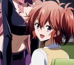  2girls akuma_no_riddle belt big_breasts bra breasts cleavage curvy faceless_female head_out_of_frame ichinose_haru inukai_isuke large_breasts long_hair midriff miniskirt multiple_girls navel pink_hair red_eyes red_hair short_hair twintail 