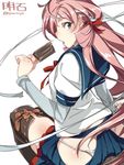  akashi_(kantai_collection) bandana character_name food from_behind green_eyes highres hip_vent kantai_collection long_hair looking_at_viewer looking_back panties pink_hair popsicle school_uniform serafuku simple_background skirt solo super_zombie thighhighs twitter_username underwear white_background white_panties 