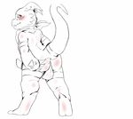  backsack balls bandanna blush butt digimon from_back guilmon hadou line_art looking_at_viewer looking_back penis plain_background presenting presenting_hindquarters raised_tail scalie sketch solo standing 
