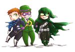  ? batman_(series) belt boomerang boots bowler_hat cane captain_boomerang chibi cloak dc_comics domino_mask earrings facial_hair flash_(series) formal glasses gloves goatee green_eyes green_shoes hat hood jewelry male male_focus mask multiple_boys necktie orange_hair pied_piper scarf shoes suit the_riddler weapon 