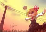  ascot blonde_hair bush commentary_request fang goma_(gomasamune) grass hair_ornament hair_ribbon kedama long_sleeves open_mouth outstretched_arms red_eyes ribbon rumia short_hair skirt skirt_set sky smile solo spread_arms telephone_pole touhou twilight 