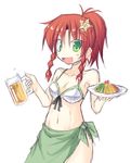  alternate_costume alternate_hairstyle beer_mug bikini_top braid collarbone cup green_eyes hair_ornament holding holding_cup hong_meiling ichidai_taisa looking_at_viewer open_mouth plate ponytail red_hair sarong simple_background sketch solo star star_hair_ornament touhou twin_braids white_background 