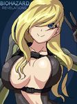  1girl blonde_hair blue_eyes bodysuit breasts capcom cleavage collarbone ears formal hair_over_one_eye happy large_breasts long_hair lowres midriff minarai_zouhyou open_clothes rachael_foley rachel_(resident_evil) resident_evil resident_evil_revelations smile suit wetsuit 