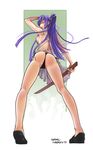  apron ass back black_panties blue_eyes bokken breasts busujima_saeko from_behind from_below highschool_of_the_dead large_breasts licking_lips long_hair long_legs naughty_face nearly_naked_apron no_bra panties pigeon-toed ponytail purple_hair rafael_caravaca shoes side-tie_panties sideboob solo sword tongue tongue_out underwear weapon wooden_sword 