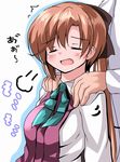  ^_^ akigumo_(kantai_collection) brown_hair closed_eyes hair_ribbon jacket kantai_collection massage open_mouth ponytail ribbon shoulder_massage simple_background solo_focus tsuzuri_(tuzuri) upper_body white_background 