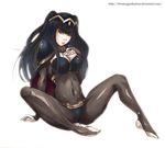  barefoot black_hair bodysuit breasts bridal_gauntlets cleavage feet fire_emblem fire_emblem:_kakusei francesco_simioni highres large_breasts long_hair no_shoes shiny shiny_clothes sitting skin_tight solo spread_legs tharja tiara toeless_legwear toes two_side_up 