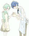  1girl apron aqua_hair bandaid blue_hair holding_hands pantyhose persona persona_3 school_uniform short_hair sutei_(giru) yamagishi_fuuka yuuki_makoto 