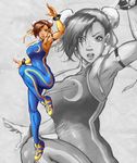  absurdres alternate_costume armlet bangs bracelet breasts brown_hair bun_cover chun-li double_bun earrings francesco_simioni full_body highres jewelry large_breasts leg_up shoes skin_tight sleeveless sneakers solo spiked_bracelet spikes street_fighter street_fighter_zero_(series) unitard zoom_layer 