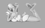  big_feet breasts clothing female gloves greyscale lagomorph lola_bunny looking_at_viewer mammal monochrome on_stomach plain_background rabbit soles solo space_jam warner_brothers white-devil 