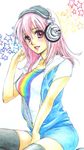  blush breasts headphones large_breasts long_hair looking_at_viewer nae_planter nitroplus open_mouth pink_eyes pink_hair rainbow shirt smile solo super_sonico t-shirt 