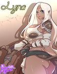  1girl agawa_ryou ass black_gloves blue_eyes bow breasts curvy dark_elf dark_skin detached_sleeves dragon_age dragon_age:_origins elf female gloves large_breasts lips loincloth long_hair lyna_mahariel pointy_ears profile solo source_request standing tank_top weapon white_hair 