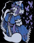  blue_dress blue_eyes breasts bug butterfly cherry_blossoms covered_mouth dress fan frilled_dress frills ghost hat insect large_breasts long_sleeves looking_at_viewer macaroni_and_cheese mob_cap purple_hair ribbon saigyouji_yuyuko solo t-shirt_material torn_clothes touhou 