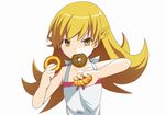  blonde_hair doughnut dress fan food golden_chocolate long_hair monogatari_(series) mouth_hold old-fashioned_doughnut oshino_shinobu solo uzura_purin yellow_eyes 