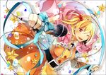  absurdres blonde_hair bow cable chain highres idol kagerou_project kisaragi_momo long_hair looking_at_viewer microphone one_eye_closed pointing red_eyes ribbon side_ponytail smile solo yuki_(t128) 