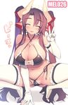  :d ^_^ akatsuki_francesca arm_support bare_shoulders black_bra black_panties bow bra breasts brown_hair cameltoe closed_eyes criss-cross_halter demon_girl elbow_gloves frilled_bra frilled_panties frills gloves hair_bow halter_top halterneck high_heels horns huge_breasts long_hair mel/a navel open_mouth original panties pointy_ears shiny shiny_skin side-tie_panties skindentation smile solo squatting string_panties succubus thighhighs thong twintails underwear underwear_only v very_long_hair weapon white_gloves white_legwear 