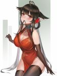  1girl ahoge alternate_costume bangs bare_shoulders blunt_bangs blush breasts brown_gloves brown_hair china_dress chinese_clothes cleavage dress dsr-50_(girls_frontline) elbow_gloves eyebrows_visible_through_hair flower garter_belt garter_straps girls_frontline gloves groin hair_flaps hair_flower hair_ornament hand_up lace lace-trimmed_gloves lace-trimmed_legwear large_breasts long_hair looking_at_viewer mouth_hold pelvic_curtain rainygo red_dress red_eyes sidelocks sitting smile solo very_long_hair 