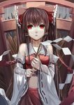  :&lt; ascot bow brown_hair collarbone detached_sleeves gohei hair_bow hair_tubes hakurei_reimu highres long_hair looking_up midriff rayxray red_eyes ribbon-trimmed_sleeves ribbon_trim skirt solo touhou very_long_hair 