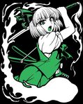  ascot black_background frown ghost ghost_tail green_eyes konpaku_youmu looking_at_viewer macaroni_and_cheese open_mouth puffy_sleeves ribbon sheath sheathed skirt slashing solo sword t-shirt_material touhou unsheathed weapon white_hair 