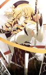  4b-enpitsu beret blonde_hair corset detached_sleeves drill_hair fingerless_gloves gloves gun hair_ornament hairpin hat looking_at_viewer magical_girl magical_musket mahou_shoujo_madoka_magica puffy_sleeves simple_background smile solo tears tomoe_mami twin_drills twintails weapon yellow_eyes 