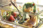  achyue blurry character_name container depth_of_field dress expressionless flower food food_themed_hair_ornament fruit green_eyes green_hair hair_ornament hatsune_miku in_container lace lace-trimmed_dress long_hair long_sleeves looking_at_viewer minigirl nail_polish sitting solo strawberry strawberry_hair_ornament strawberry_miku table twintails utensil very_long_hair vocaloid water_drop yellow_dress yokozuwari 