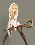  ahoge black_gloves black_legwear blonde_hair breasts brown_eyes drawfag final_fantasy final_fantasy_tactics gloves hood lips long_hair medium_breasts pantyhose robe smile solo staff standing white_mage white_mage_(fft) 