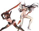  allenkung1 black_hair breasts cleavage commentary_request fighting_stance garter_straps junketsu kill_la_kill kiryuuin_satsuki long_hair matoi_ryuuko medium_breasts miniskirt multicolored_hair multiple_girls revealing_clothes scissor_blade senketsu skirt suspenders thighhighs two-tone_hair 