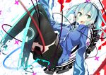  :d absurdres aqua_eyes aqua_hair bangs benio_(dontsugel) black_legwear black_skirt blue_eyes blue_hair blue_jacket cable digital_dissolve ene_(kagerou_project) facial_mark floating headphones highres jacket kagerou_project long_hair long_sleeves miniskirt missing_limb open_mouth pleated_skirt sideways_glance skirt sleeves_past_fingers sleeves_past_wrists smile solo thighhighs track_jacket turtleneck twintails white_background zipper 