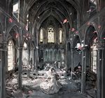  architecture bad_id bad_pixiv_id bare_shoulders black_eyes black_hair blurry blush bouquet church dress faux_traditional_media flower gothic_architecture highres indoors looking_at_viewer looking_back original outstretched_arms petals ruins scenery shiguma_(sigmasmail) short_hair smile solo stained_glass sunlight vaulted_ceiling veil wedding_dress window 