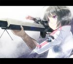  3: aiming amatori_chika back bangs black_hair bob_cut brown_gloves emblem eyelashes gloves gun holding holding_gun holding_weapon letterboxed long_sleeves looking_away outstretched_arm purple_eyes rifle scope short_hair siro46 sniper_rifle solo upper_body v-shaped_eyebrows weapon world_trigger 