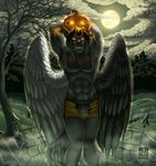  abs anthro biceps big_muscles black_fur black_hair boxers bulge canine fangs feathers fur hair halloween holidays looking_at_viewer male mammal moon muscles night outside pecs pumpkin sky solo teeth toned topless underwear vallhund wings wolf yellow_eyes 