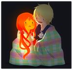  1girl adventure_time bad_deviantart_id bad_id blanket blonde_hair blush_stickers cup finn_the_human flame_princess forehead_jewel long_hair mug red_eyes short_hair 