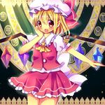  ascot blonde_hair blush bow chocolat_(momoiro_piano) flandre_scarlet hand_on_own_cheek hat hat_bow looking_at_viewer mob_cap open_mouth pointy_ears puffy_short_sleeves puffy_sleeves red_eyes sash shirt short_sleeves side_ponytail skirt skirt_set smile solo touhou vest wings 