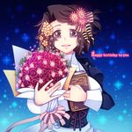  book bouquet bow brown_eyes brown_hair flower hair_bow hair_flower hair_ornament happy_birthday juliet_sleeves long_sleeves momofukki no_hat no_headwear open_mouth puffy_sleeves rose shannon smile tears umineko_no_naku_koro_ni 